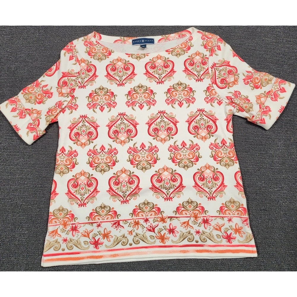 Karen Scott Top Womens Petite Medium PM White Pink Damask Short Sleeve Pullover